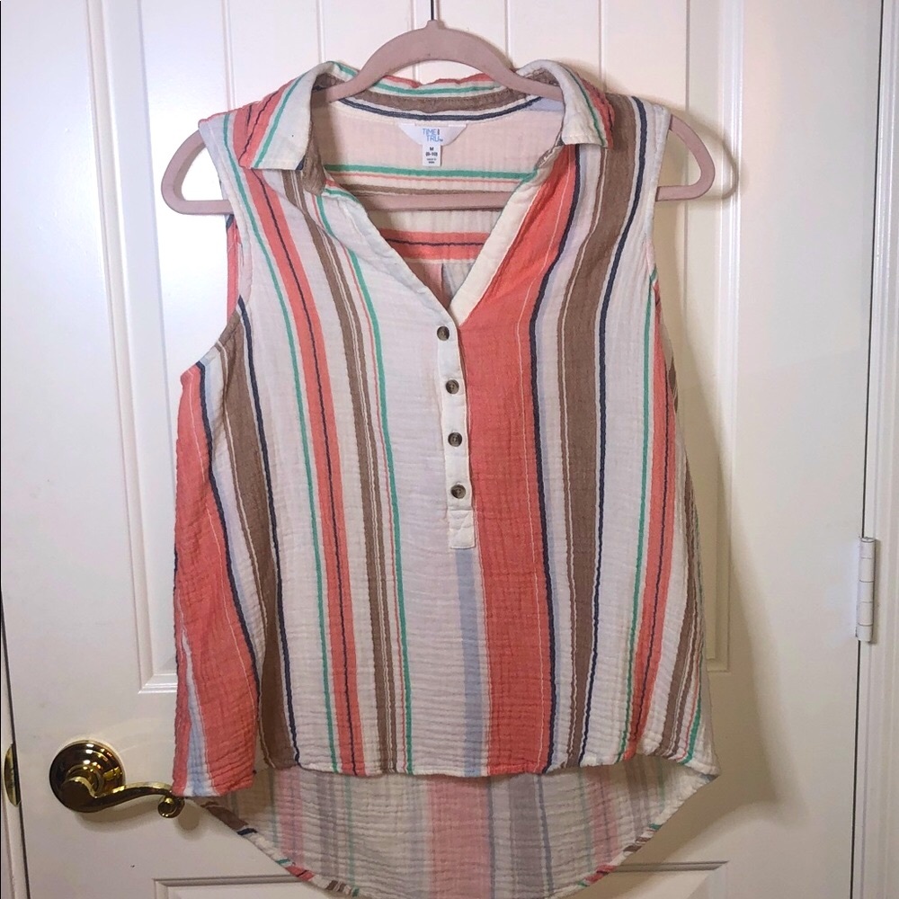 Time and Tru Sleeveless Striped Blouse with Button Front